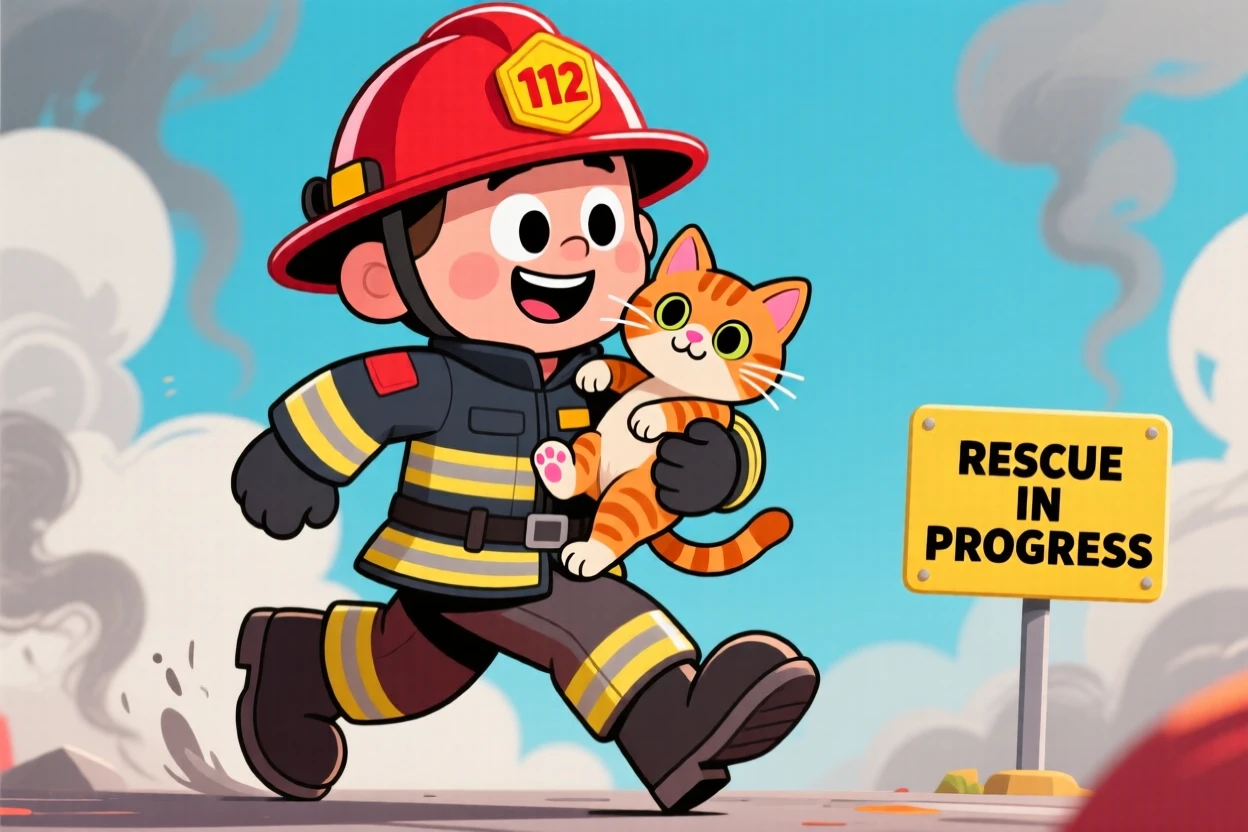 A firefighter carrying a rescued kitten out of harm's way.