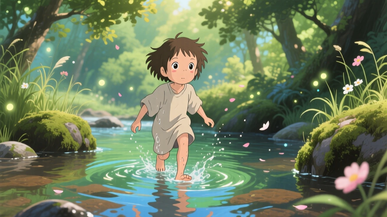 A barefoot child wading through a shallow creek, the moment bright with youthful wonder.