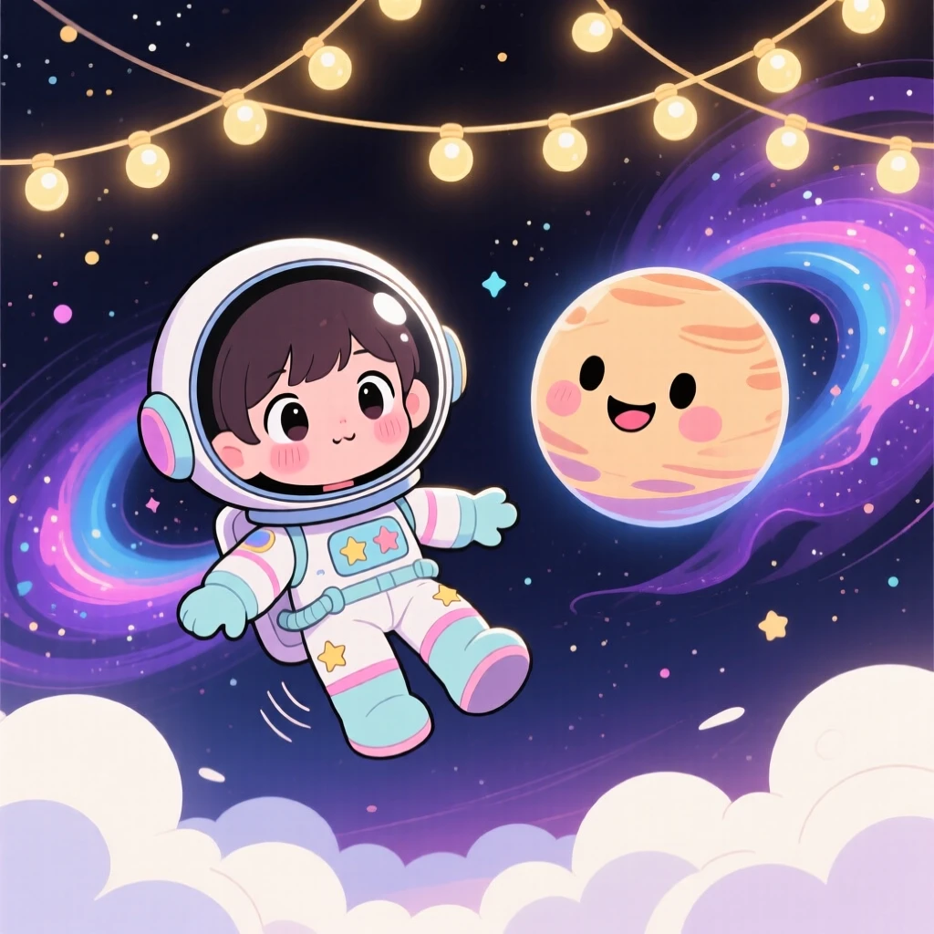 Symmetrical front-on view of a small astronaut child, floating weightlessly beside a smiling planet, in outer space with swirling nebulae, beneath fluffy drifting clouds, illuminated by glowing string lights, radiating shy bashfulness.