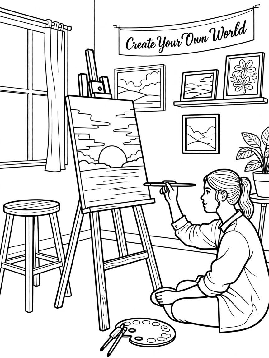 An art easel with a half-finished painting of a sunset, with finished pieces displayed on nearby shelves.