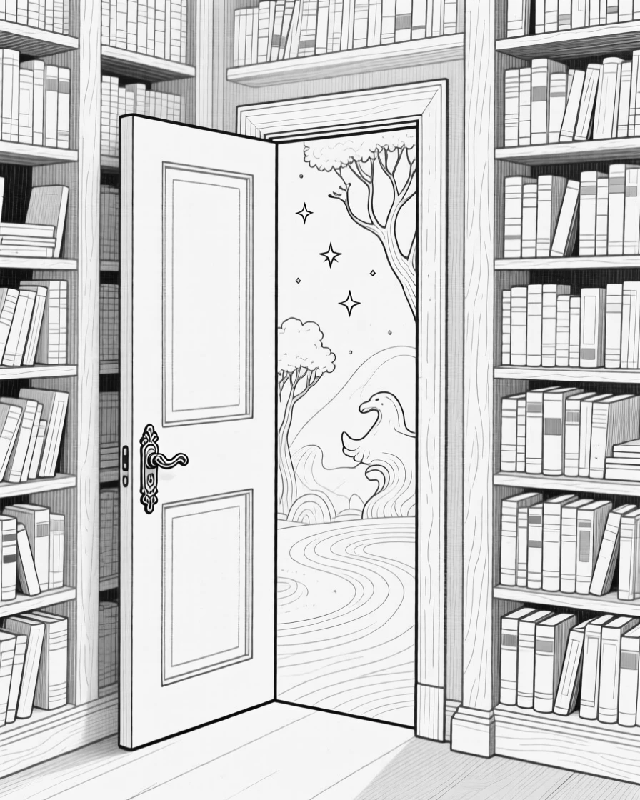 A hidden door in a library leading to another world
