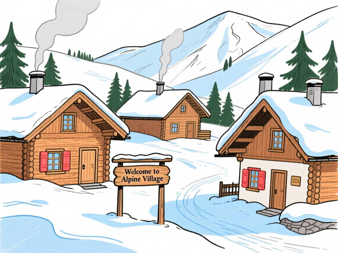 A snow-covered alpine village with wooden chalets.