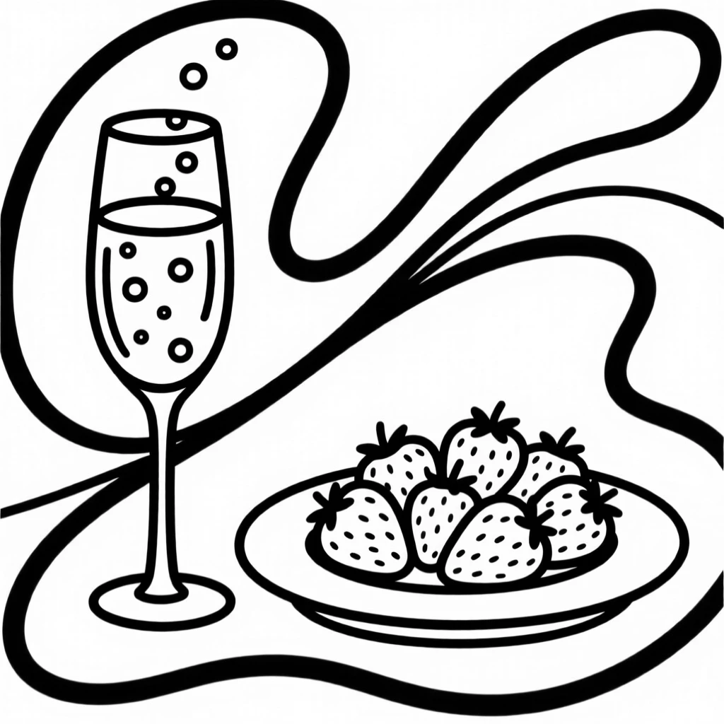 A glass of champagne with bubbles rising beside a plate of strawberries.