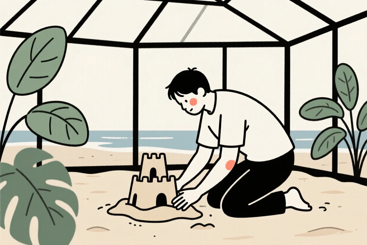 A father building a sandcastle by the shore, in a botanical garden greenhouse.