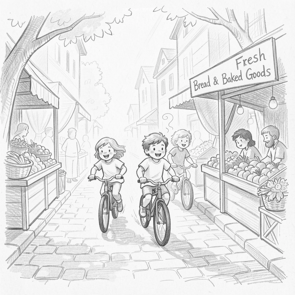 A warm everyday moment: children racing bicycles down a quiet street in a sunlit farmers market, with the scent of fresh bread lingering in the air.