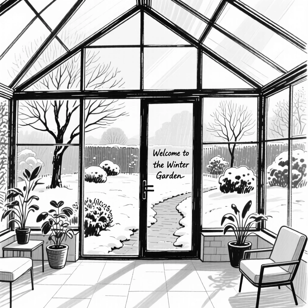 A modern conservatory filled with glass walls overlooking a snowy garden.