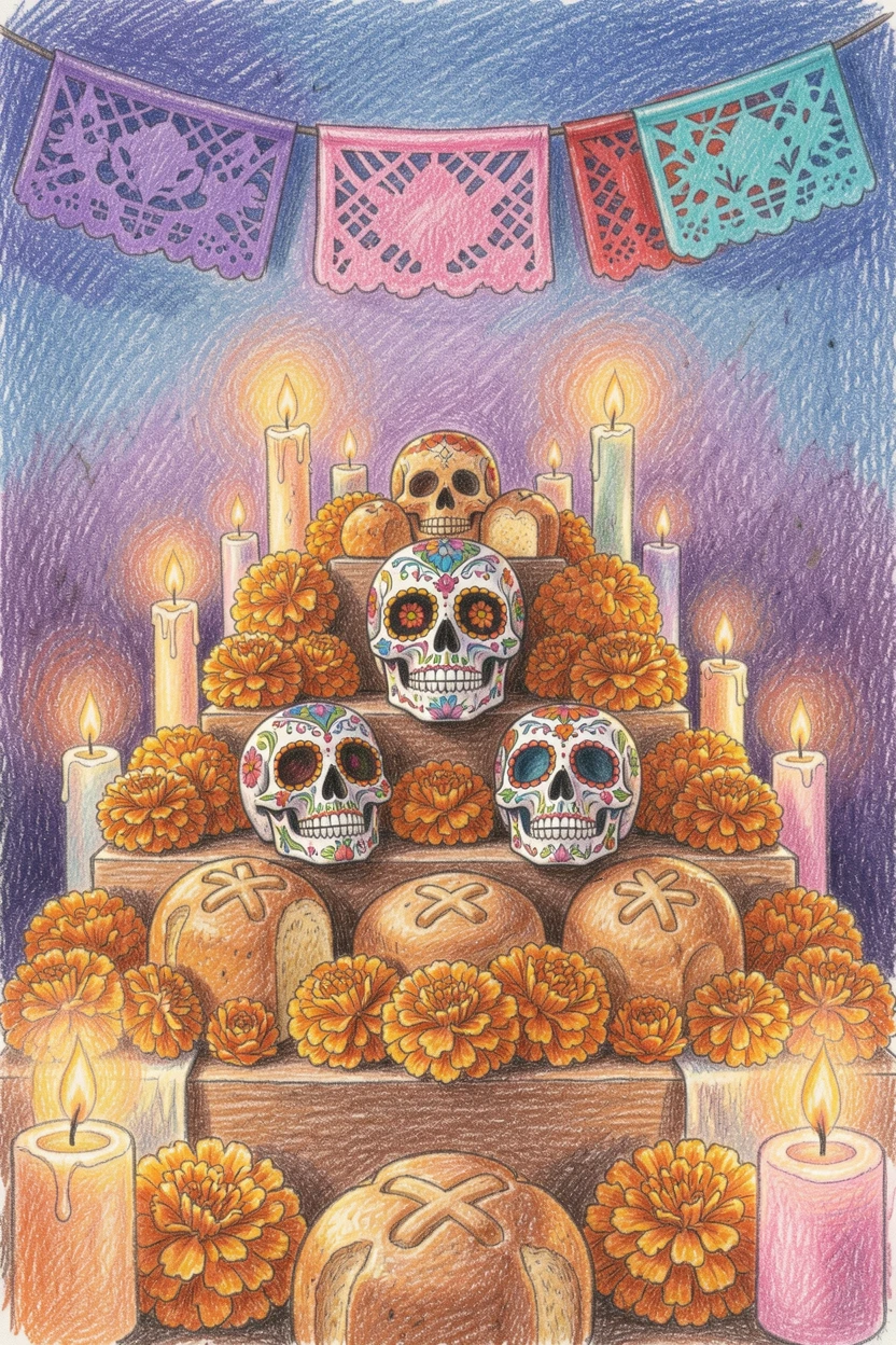 A traditional Mexican Day of the Dead altar decorated with marigolds, set against an atmospheric, evocative backdrop, designed to feel majestic, respectful, and storytelling-rich.