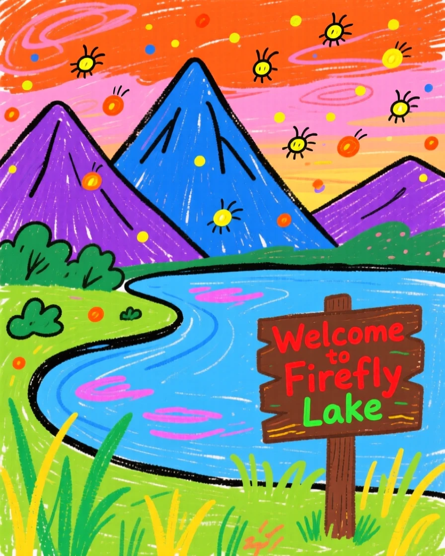 A quiet mountain lake at dusk as fireflies begin to glow.