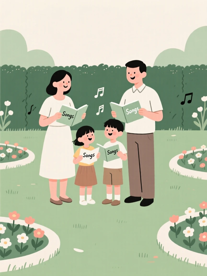 A family singing songs together in the garden.