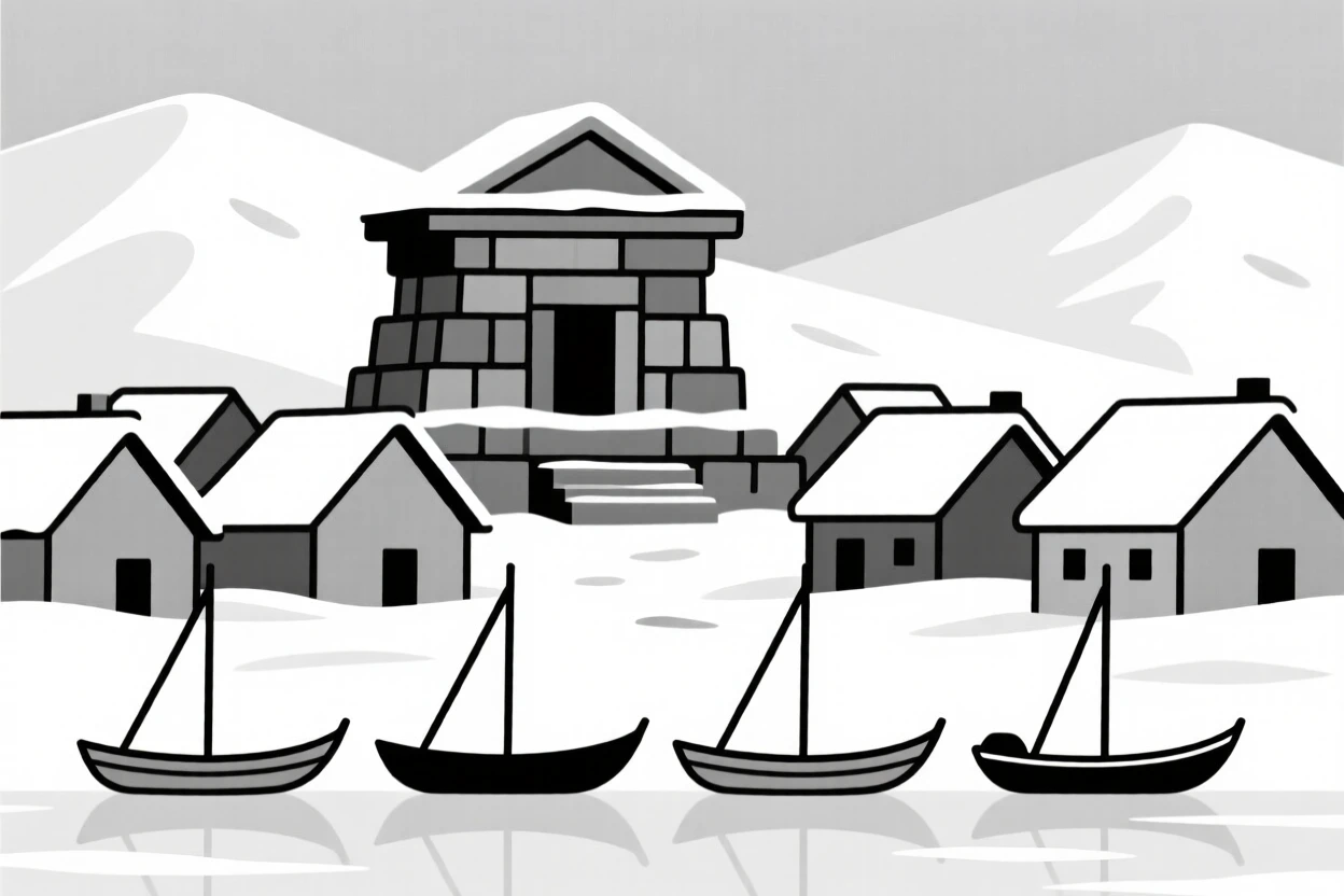 A journey through a snow-covered alpine village toward an ancient stone temple, passing a row of fishing boats, full of cultural wonder.