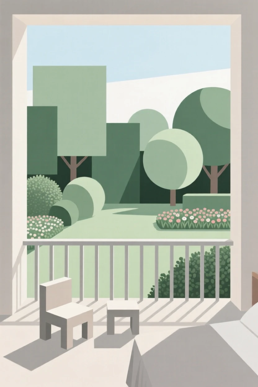 A bedroom balcony overlooking a garden