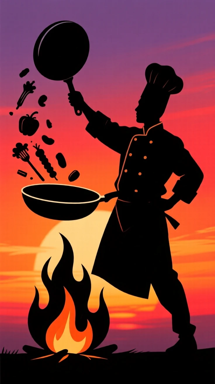 A chef flipping ingredients in a pan over an open flame.