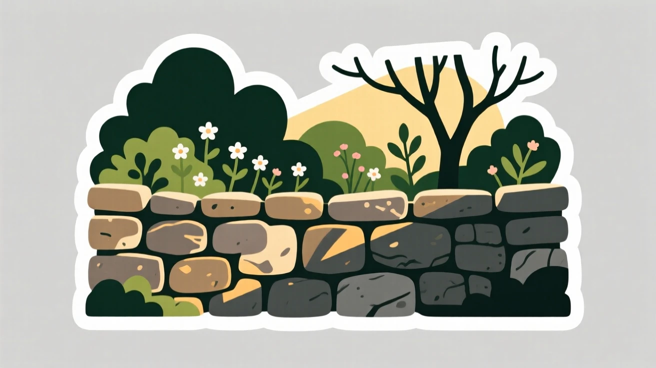 A serene secret garden hidden behind a stone wall, illuminated by warm afternoon sunlight, during the quiet hours of early morning.