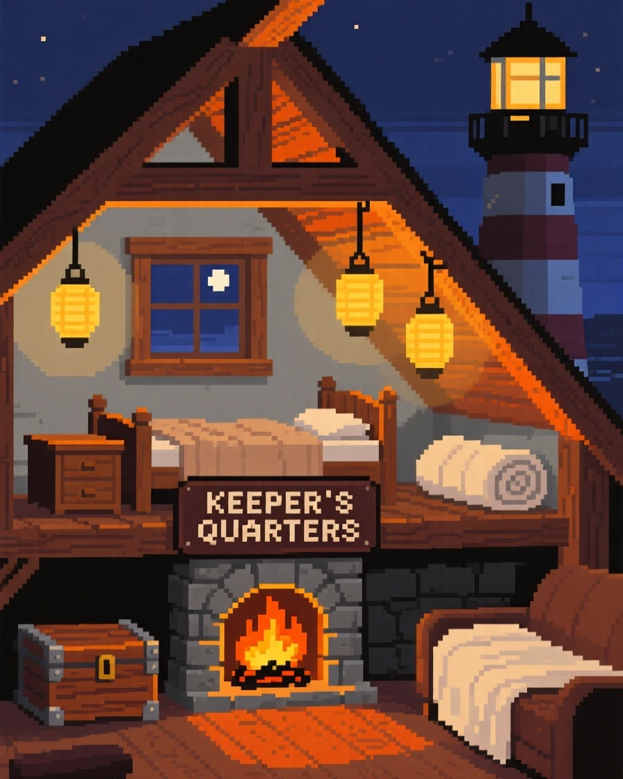 A tiny attic bedroom lit by a crackling fire and hanging lanterns, within a lighthouse keeper's living room.
