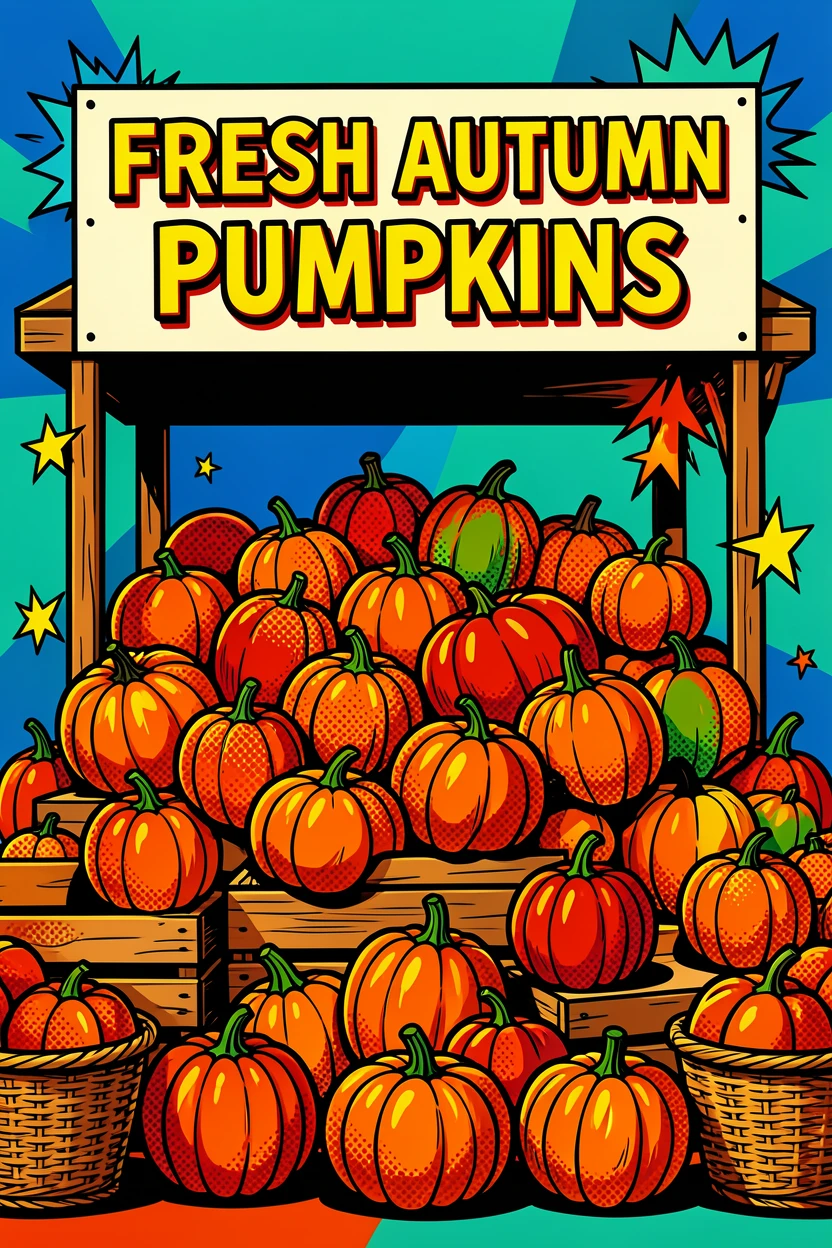 A farmers market stall piled high with autumn pumpkins
