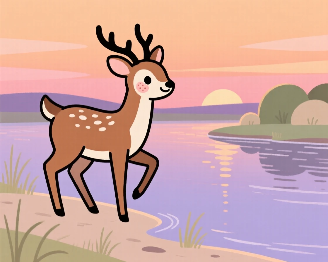 A deer stands at the edge of a quiet riverbank, pausing mid-step as the evening glow paints the sky in warm colors.