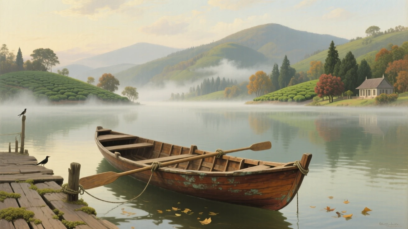 An expansive vista of an old wooden rowboat tied to a dock on a misty lake, in the Victorian era, in an Indian hill station.