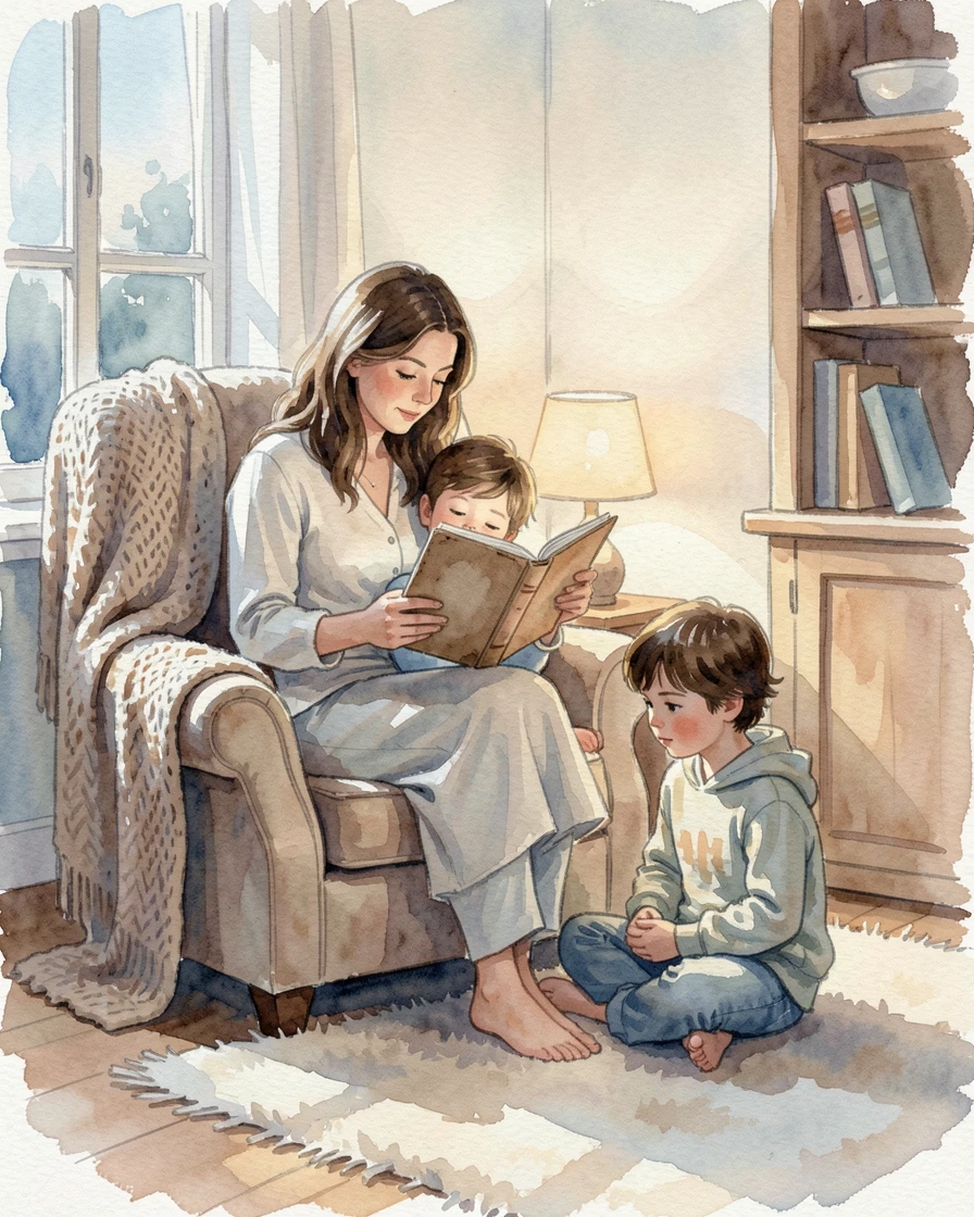 A mother reading a bedtime story to her children.