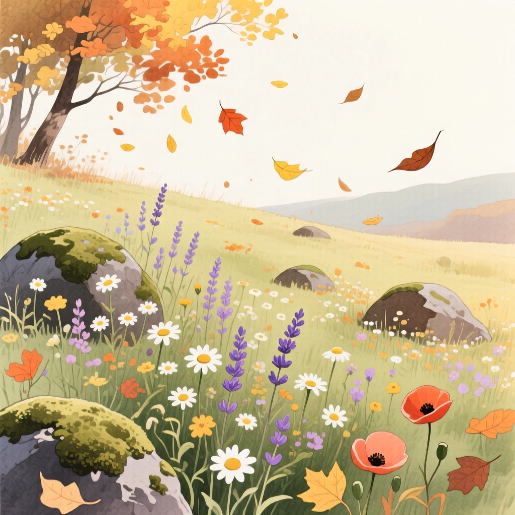 A breathtaking view of a wildflower meadow as autumn leaves fall, where wildflowers grow between the rocks