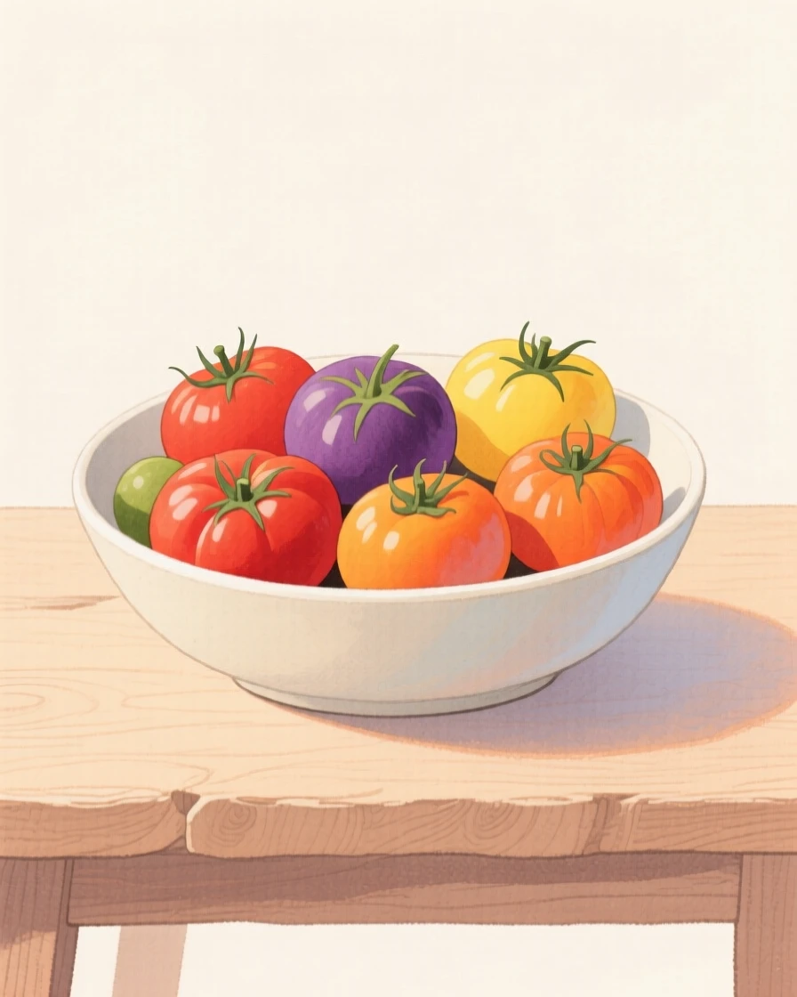 A gentle still-life scene featuring a bowl of colorful heirloom tomatoes.