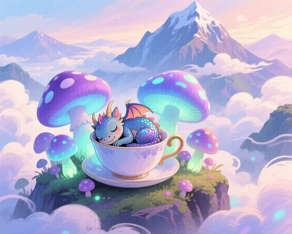 A tiny dragon curled asleep in a teacup napping among a cluster of giant glowing mushrooms, in a mystical mountain peak wrapped in clouds, brimming with magical warmth and beauty.