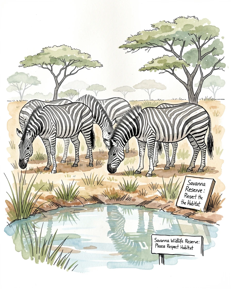 A herd of zebras grazing calmly beside a watering hole, a sense of quiet wildness filling the moment.