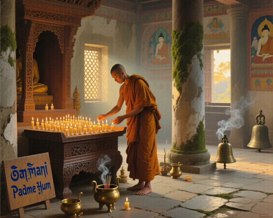 A Buddhist monk lighting rows of candles in an ancient temple at dawn, capturing the customs and craftsmanship unique to the era, offering a vivid window into a fascinating moment of human history