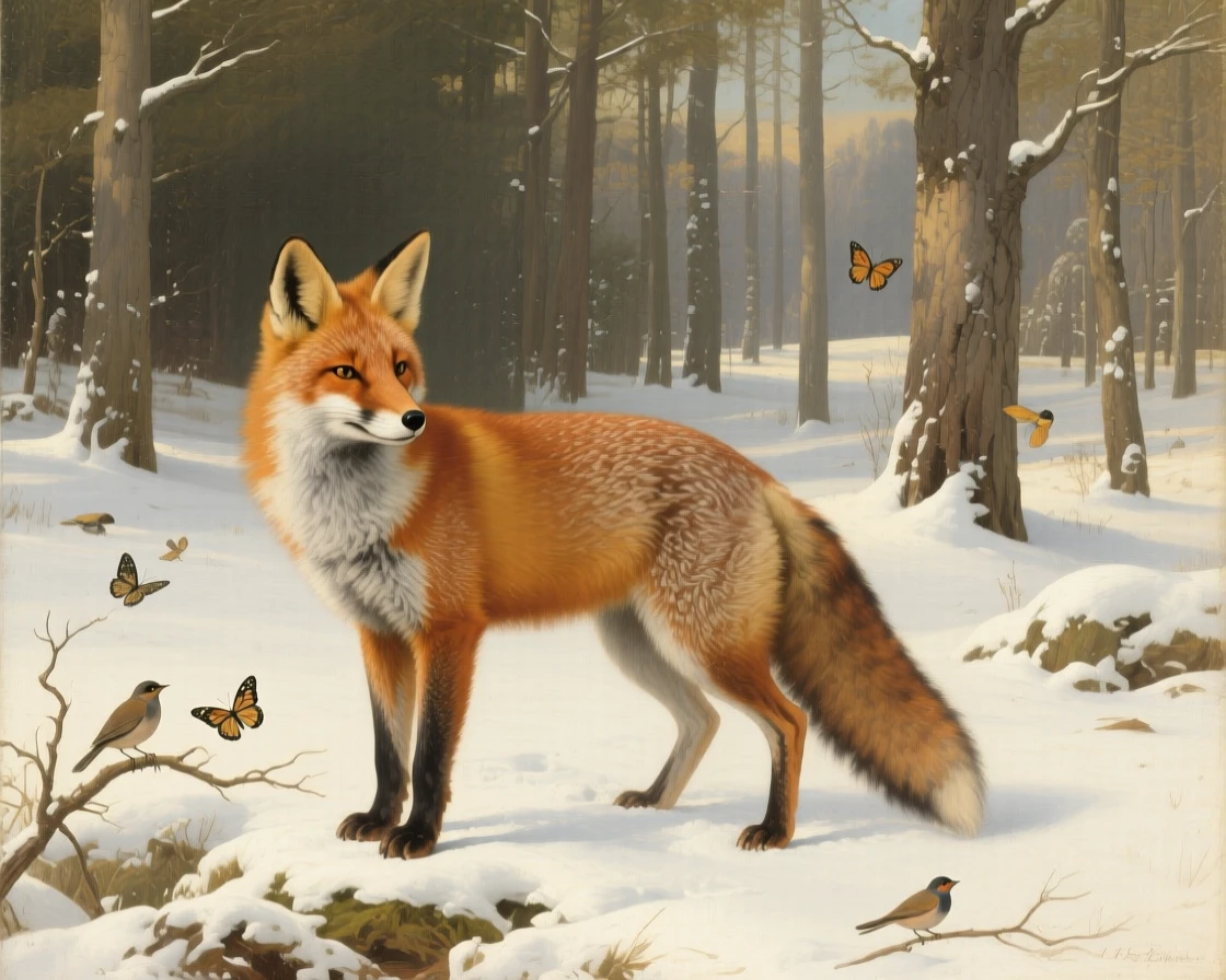 A curious fox pausing at the edge of a snow-dusted forest as instinct and elegance move in perfect harmony, set within a sunlit forest clearing alive with birdsong, with small birds or butterflies adding quiet movement to the scene; the composition balances raw power with graceful, natural stillness, radiating peace, freedom, and untamed beauty.