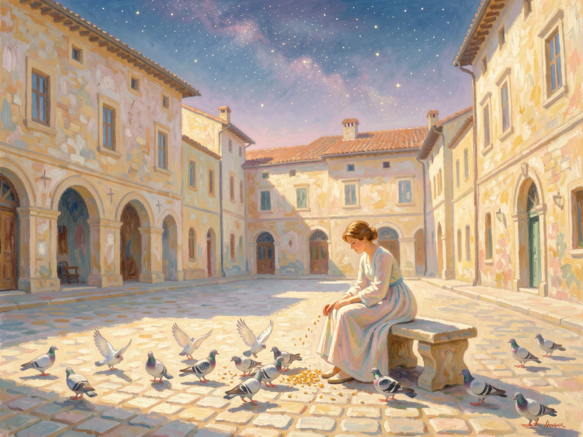 A young woman feeding pigeons in a sunlit piazza surrounded by historic architecture, under a canopy of stars, radiating serenity and gentle stillness.