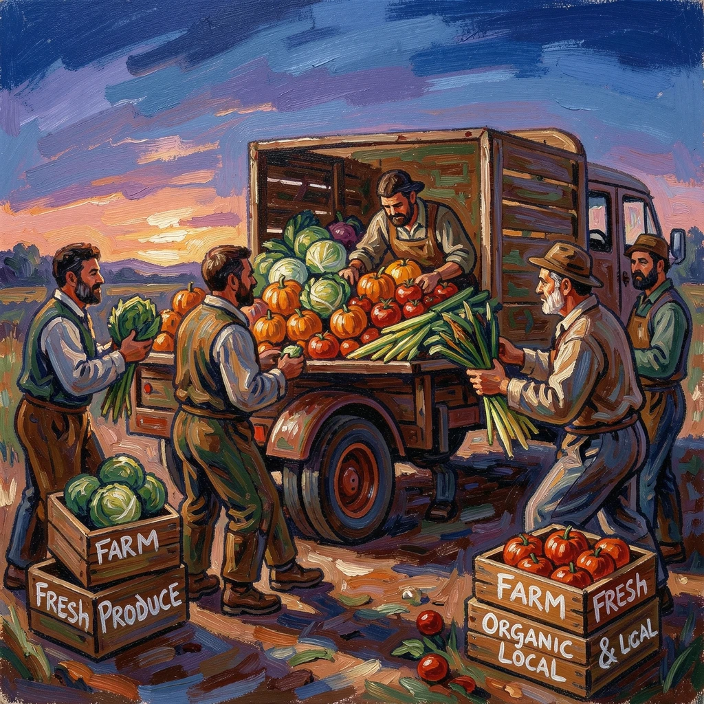 A group of farmers loading a truck with fresh produce before dawn.