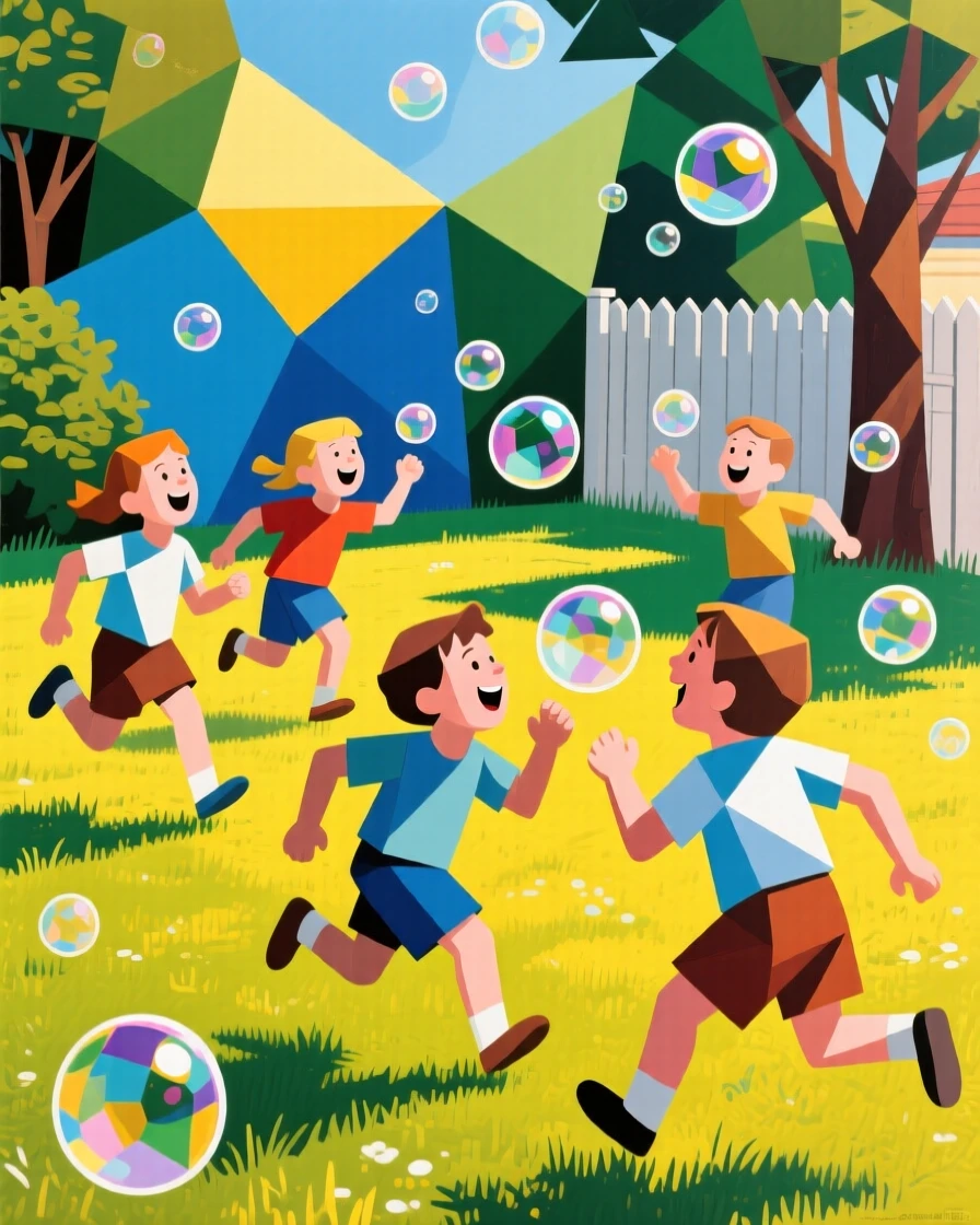 A group of children chasing bubbles across a sunny backyard lawn.