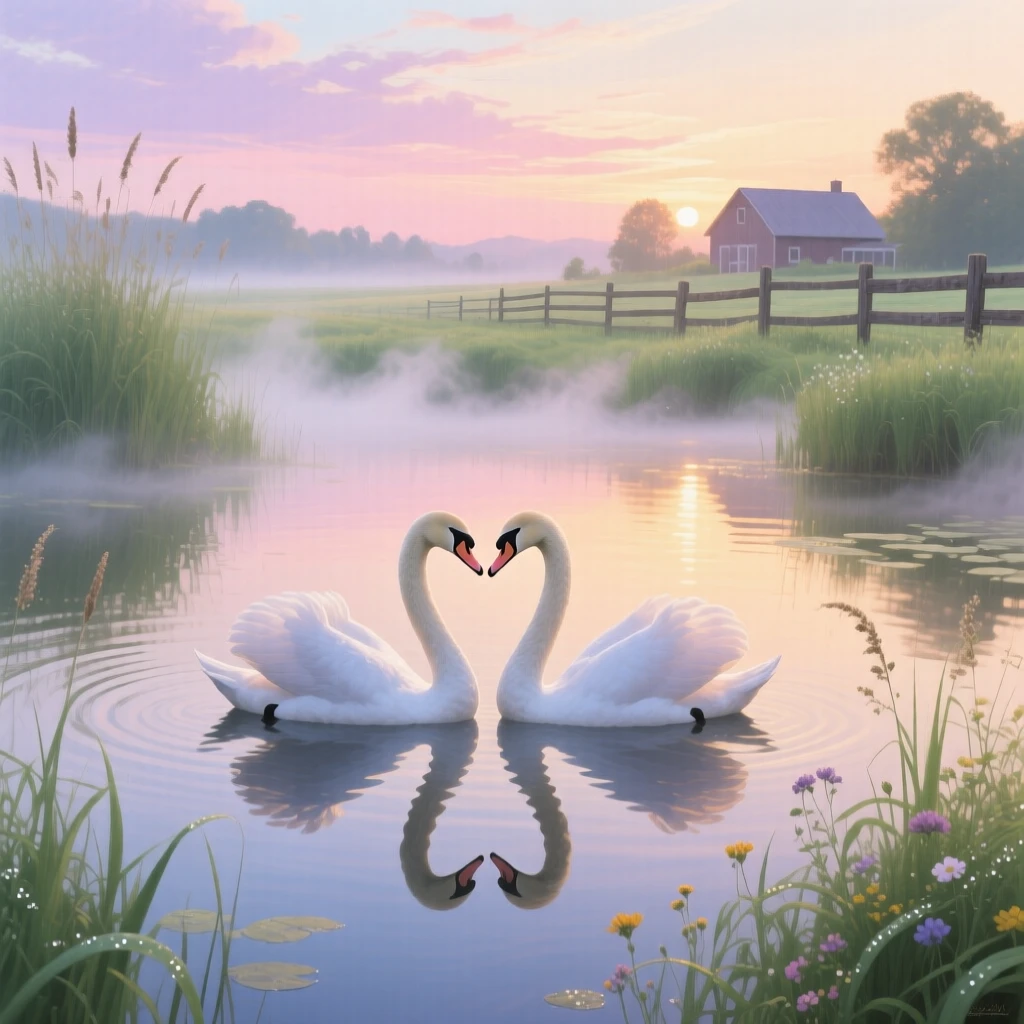 A pair of swans glides gracefully across a still farm pond at sunrise, mist rising off the water beneath a pastel sky, small details in its fur or feathers catching the light with remarkable clarity.
