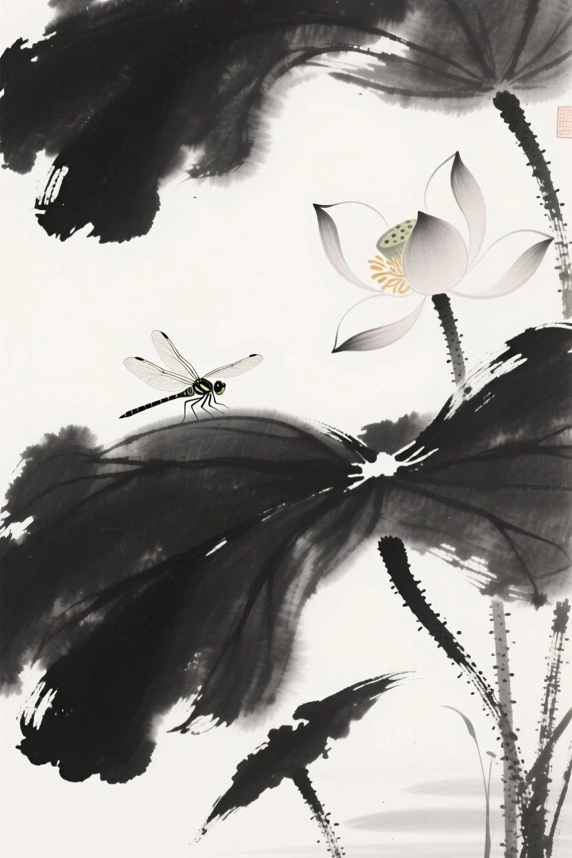 A dragonfly rests on a lotus leaf beside an open blossom, beneath the first light of a summer morning.