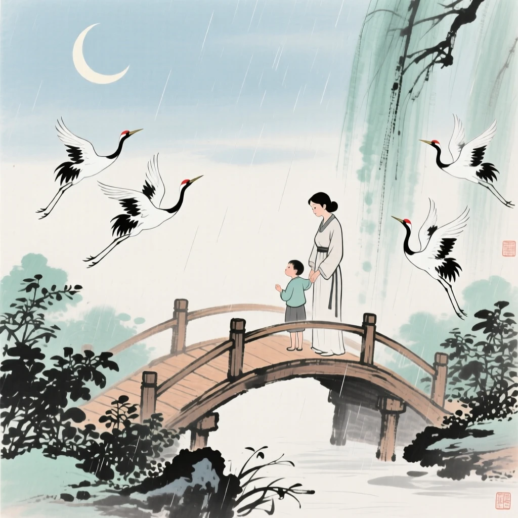 A mother and child watching cranes take flight from a garden bridge, filled with tranquil stillness, beneath a crescent moon, through a curtain of fine rain.