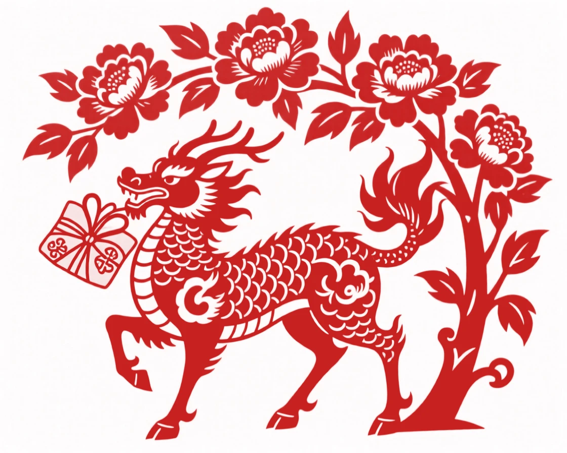 A qilin standing beneath a peony bush, delivering a wrapped bundle believed to bring a cherished child
