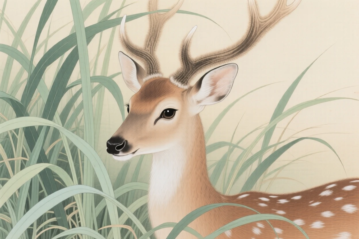 A deer with velvet antlers peeking out from behind tall grass