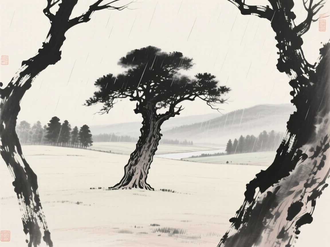 A vast open plain with a single ancient tree standing alone while a light rain blurs the distant tree line, framed through a gap in the trees, revealing the valley beyond, evoking a deep sense of solitude and quiet grandeur.