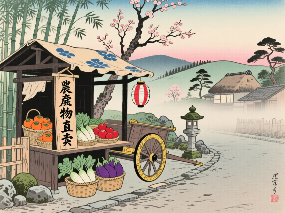 A farmers market stall resting beside a cart on a quiet side street.
