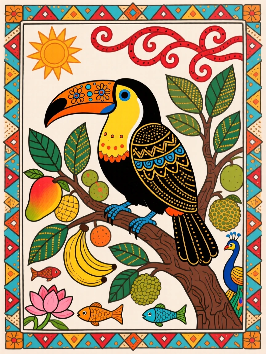 A toucan resting on a branch heavy with tropical fruit.