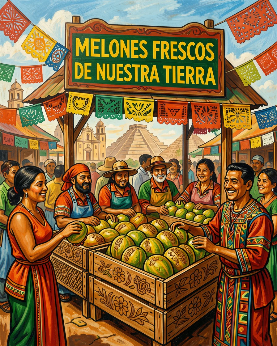 A market stand overflowing with fresh melons