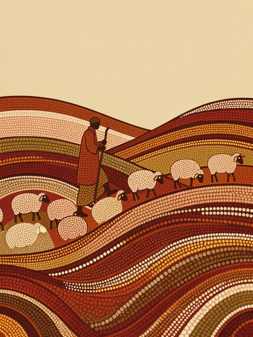 A shepherd guiding a flock across hills