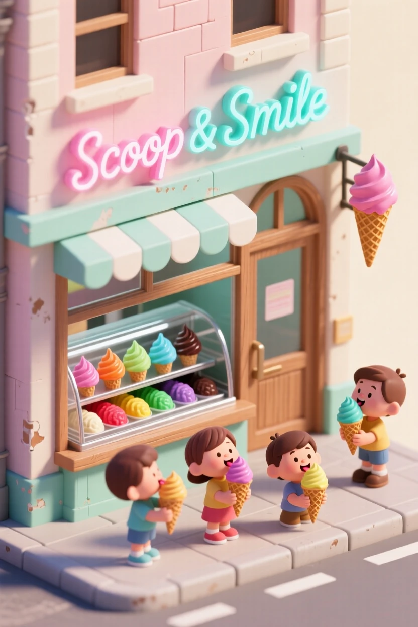 A charming ice cream parlor with a rainbow of flavors in a glass case, a vintage neon sign, and children licking cones on the sidewalk.