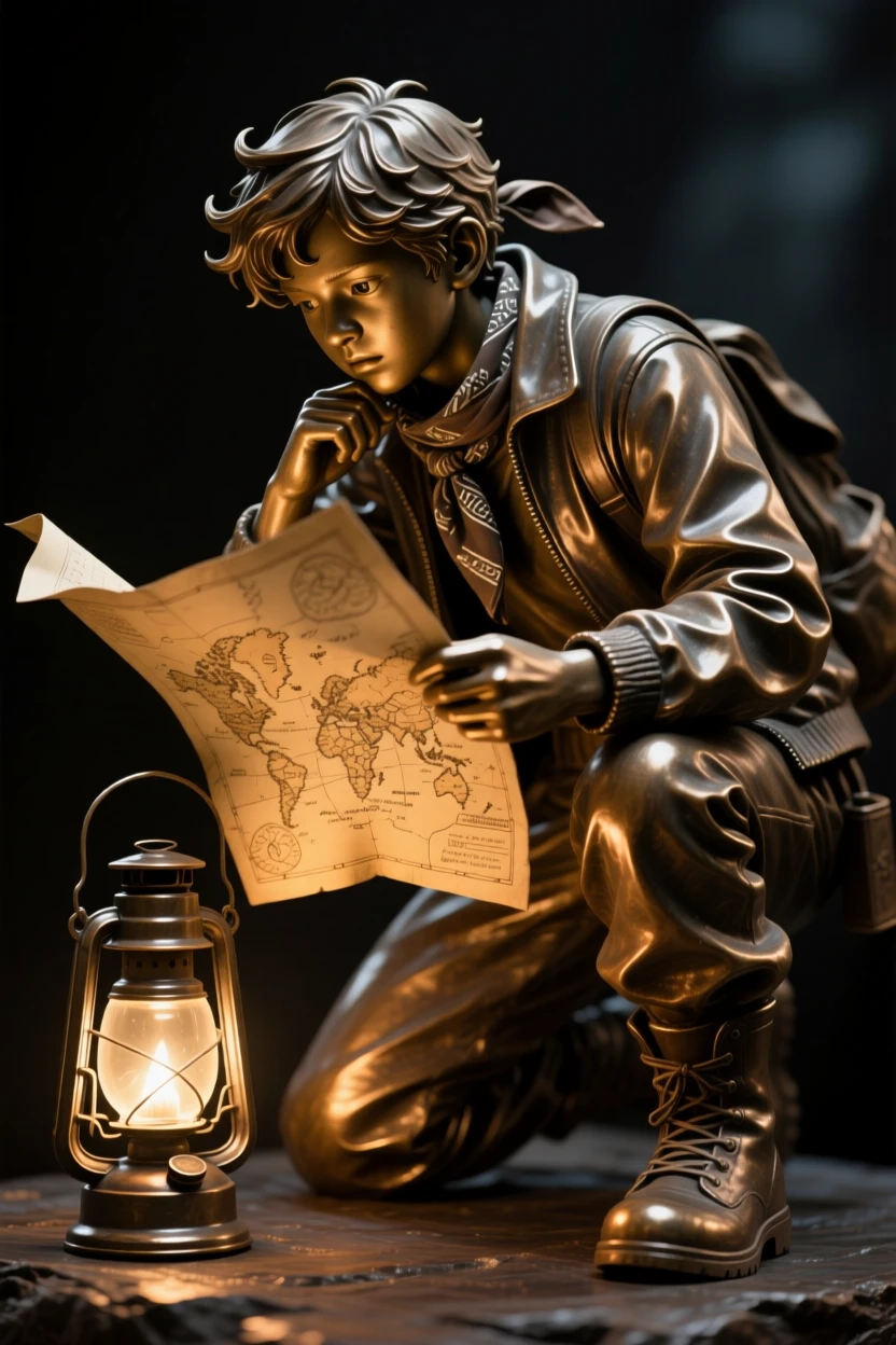 A young explorer studying an ancient map by lamplight, captured at the peak of a powerful movement, forming a strong central focal point