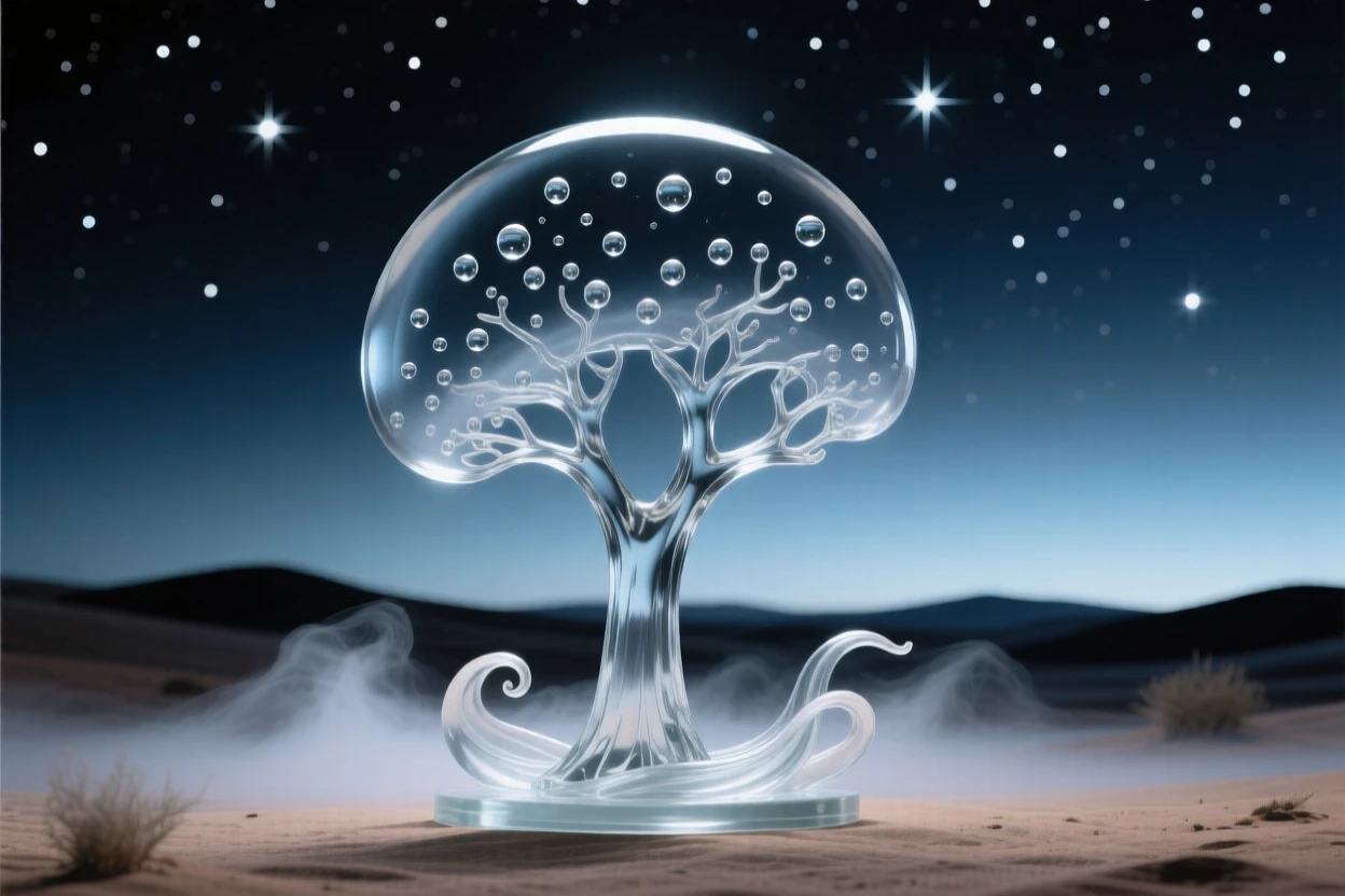 A starry desert night with a lone silhouetted tree at the quiet hush of early morning, gentle mist rising, composition inviting stillness and reflection.