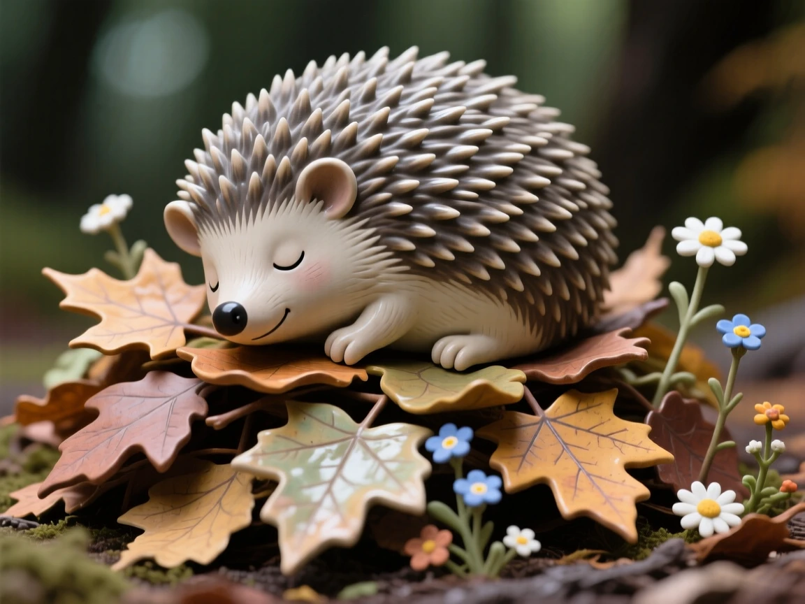 A hedgehog curled asleep on a pile of leaves caught mid-step on a whimsical journey, framed by miniature flowers and leaves, capturing the magic of imaginative make-believe.