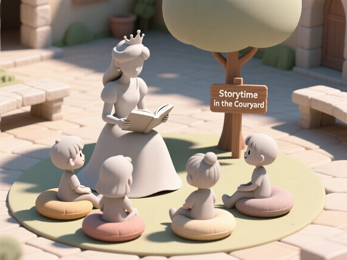 A gentle princess reads storybooks to village children gathered on cushions in a sunlit courtyard.