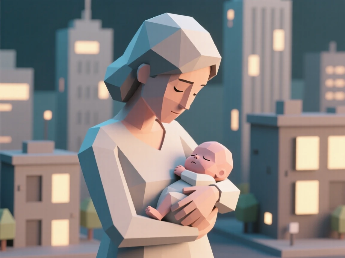 A mother cradling her sleeping newborn, against a backdrop of city lights. fine details in expression bring the moment to life. A gentle warmth radiates through the scene.