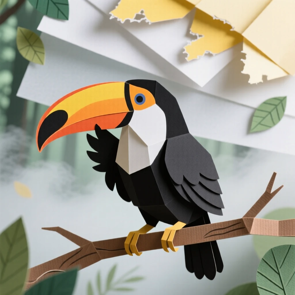 A vibrant toucan grooming itself in dappled sunlight, with mist rising gently in the background, evoking cozy, heartwarming charm.