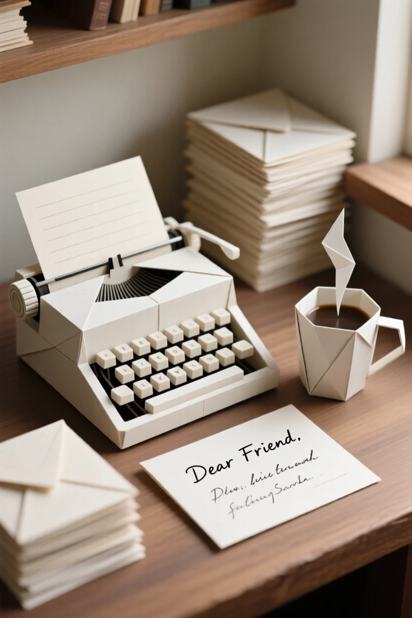 A cozy study nook with a typewriter, a cup of coffee, and stacks of handwritten letters.