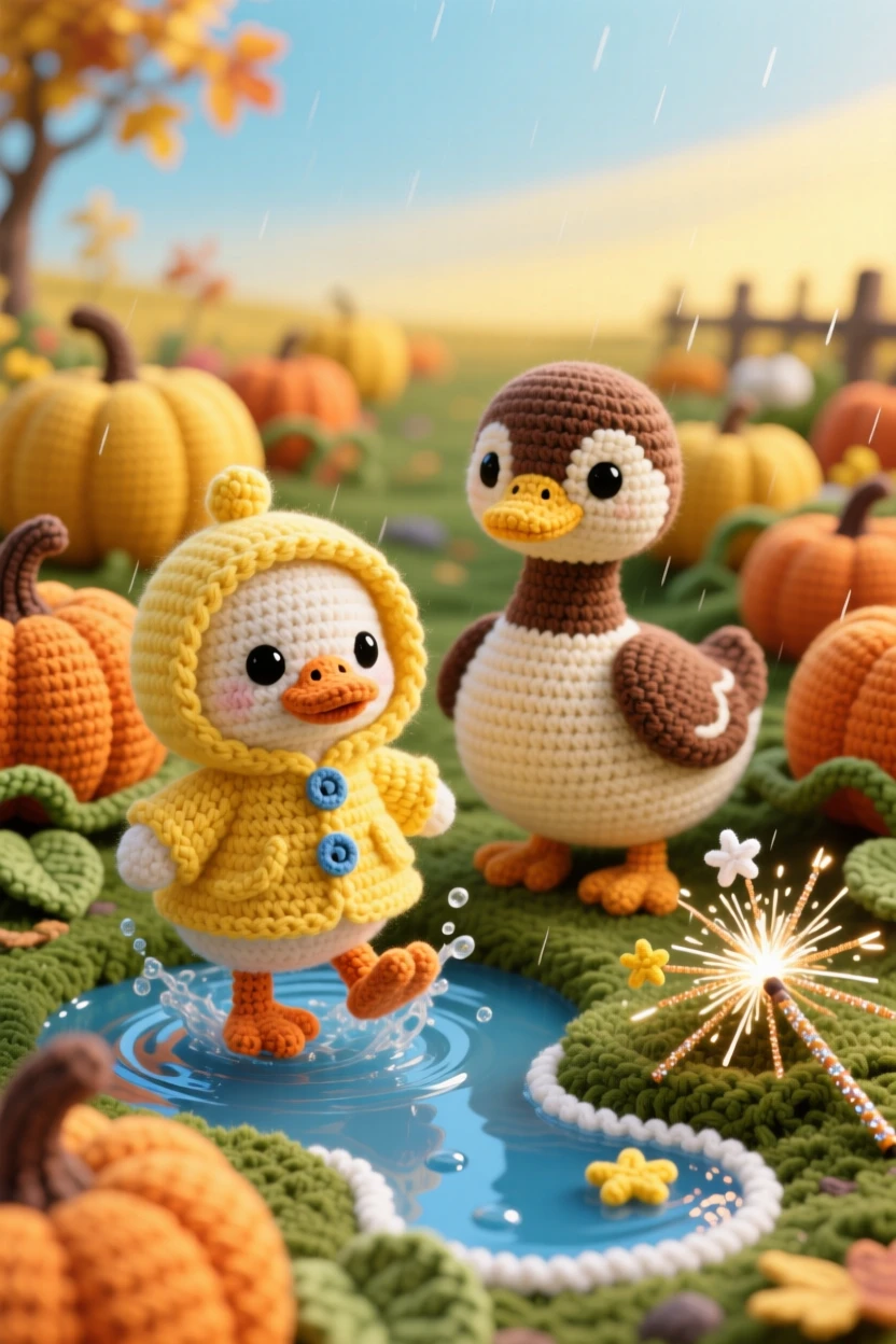 A festive scene of a cheerful spring duckling wearing a tiny raincoat splashing in puddles, following its mother through a rainy garden within a golden pumpkin patch under a crisp autumn sky; a bundle of sparklers ready to light nearby, radiating playful delight in seasonal change.